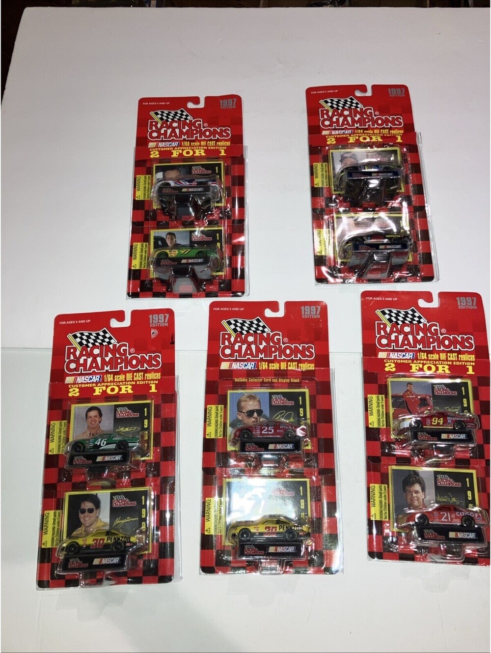 LOT OF 5 VINTAGE 1997 NASCAR Racing Champions 2 for 1 Packs 1/64 Die Cast NEW